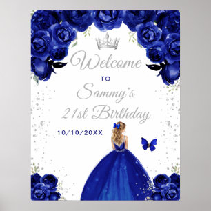 Navy Blonde Hair Princess Birthday Welcome Poster