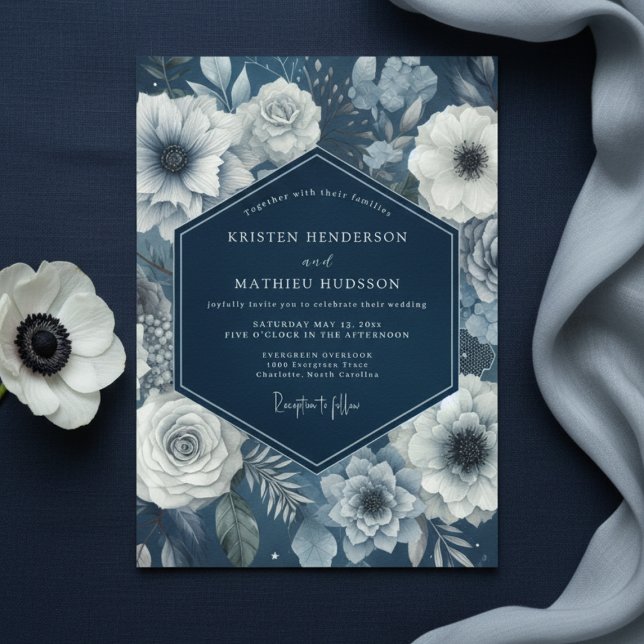 Navy Bloom Moody Wedding Invitation (Creator Uploaded)