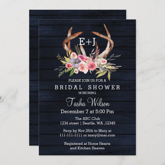 Navy Blooming Antlers Country Chic Bridal Shower Invitation (Front/Back)