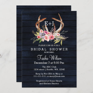 Navy Blooming Antlers Country Chic Bridal Shower Invitation