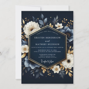 Navy Blooming Enchantment Wedding Invitation