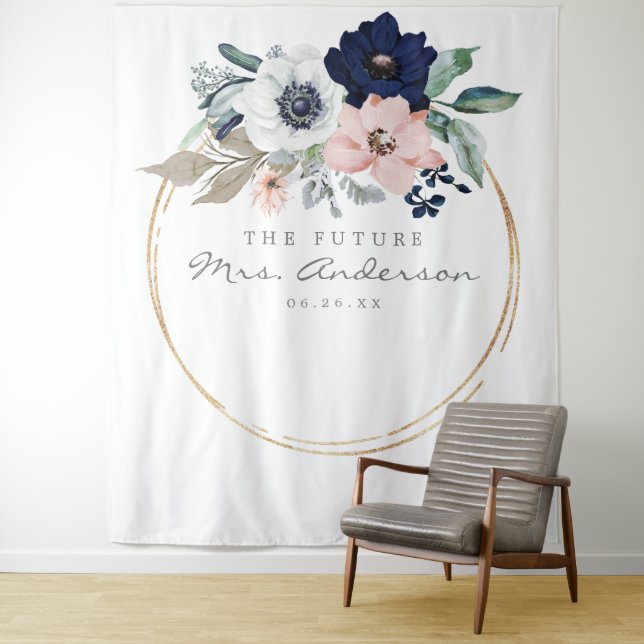 Navy Blooms Future Mrs Bridal Shower Backdrop Tapestry (In Situ)