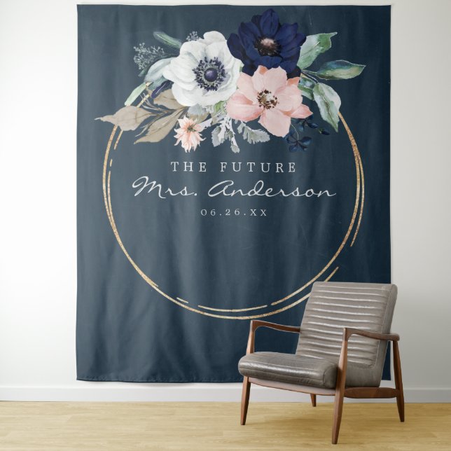 Navy Blooms Future Mrs Bridal Shower Backdrop Tapestry (In Situ)