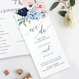 Navy Blooms Tri-Fold Wedding Program Flyer