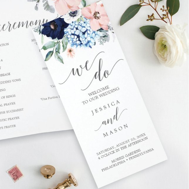 Navy Blooms Tri-Fold Wedding Program Flyer (Creator Uploaded)