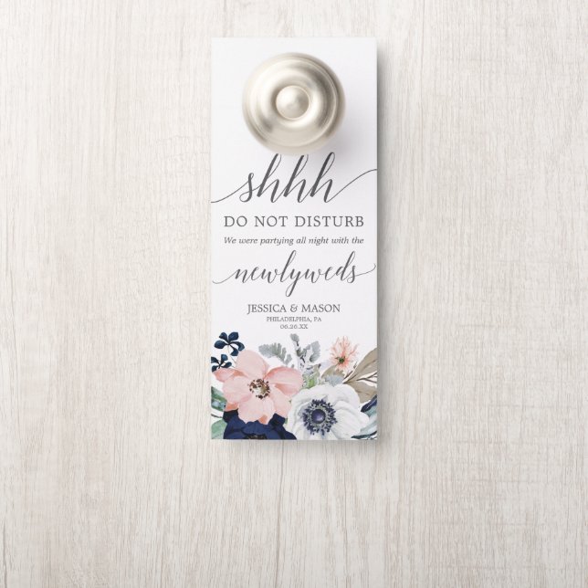 Navy Blooms Wedding Door Hanger Do Not Disturb (On Knob)