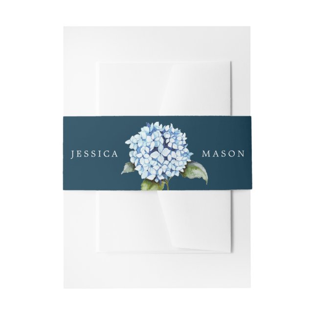 Navy Blooms Wedding Invitation Belly Band Hydranga (Front Example)