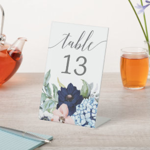 Navy Blooms Wedding Table Numbers Pedestal Sign