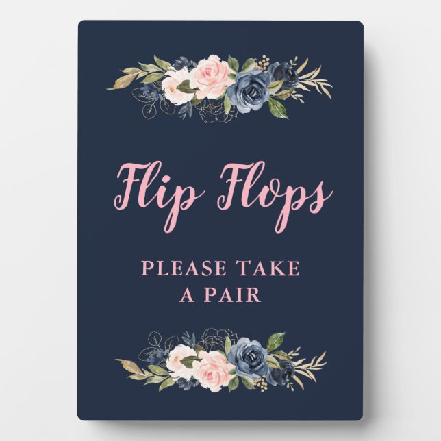 navy blossom pink flip flops wedding favours sign plaque (Front)
