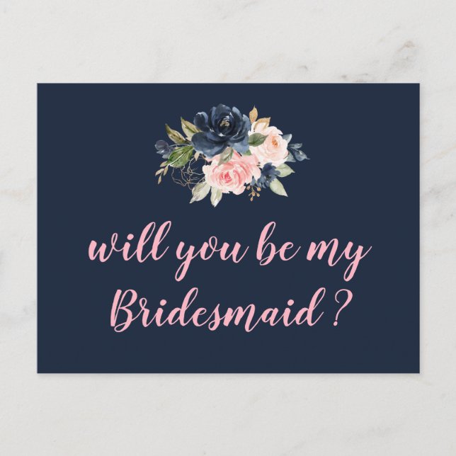 navy blossom pink will you be my bridesmaid card (Front)