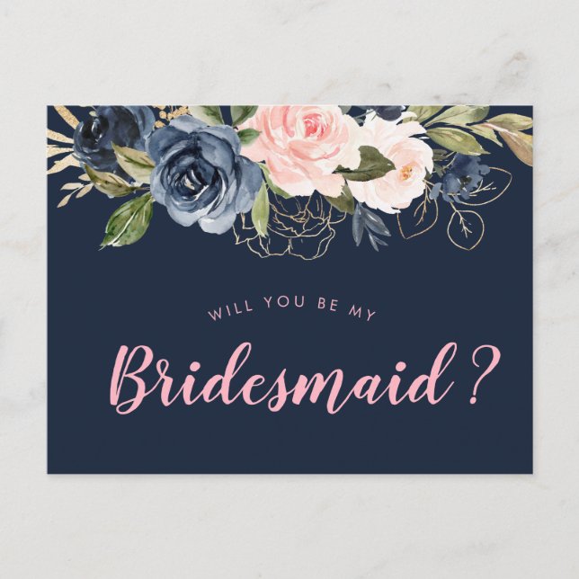 navy blossom pink will you be my Bridesmaid card (Front)