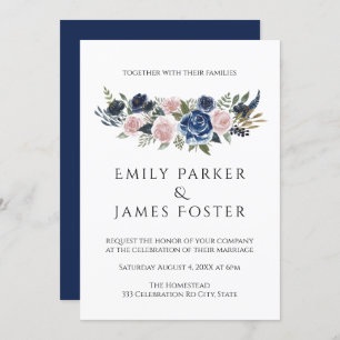 Navy Blu & Blush Floral Elegant Wedding Invitation