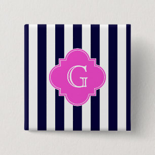Navy Blu White Stripe Hot Pink Quatrefoil Monogram 15 Cm Square Badge