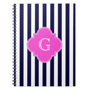 Navy Blu White Stripe Hot Pink Quatrefoil Monogram Notebook