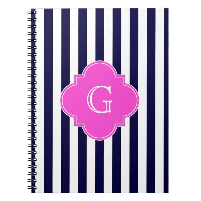Navy Blu White Stripe Hot Pink Quatrefoil Monogram Notebook (Front)