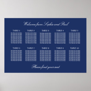 Navy Blue 10 Table Wedding Seating Chart Poster