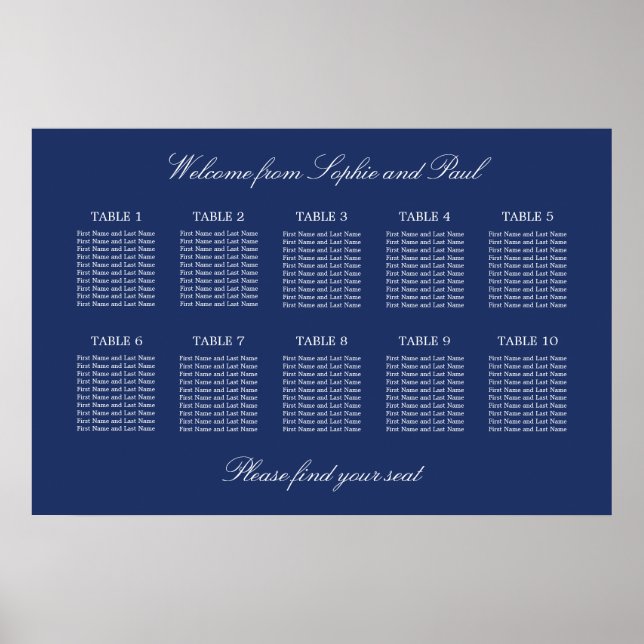 Navy Blue 10 Table Wedding Seating Chart Poster (Front)
