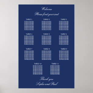 Navy Blue 11 Table Wedding Seating Chart Poster