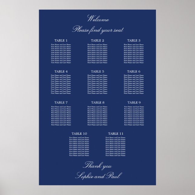 Navy Blue 11 Table Wedding Seating Chart Poster (Front)