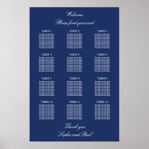 Navy Blue 12 Table Wedding Seating Chart Poster