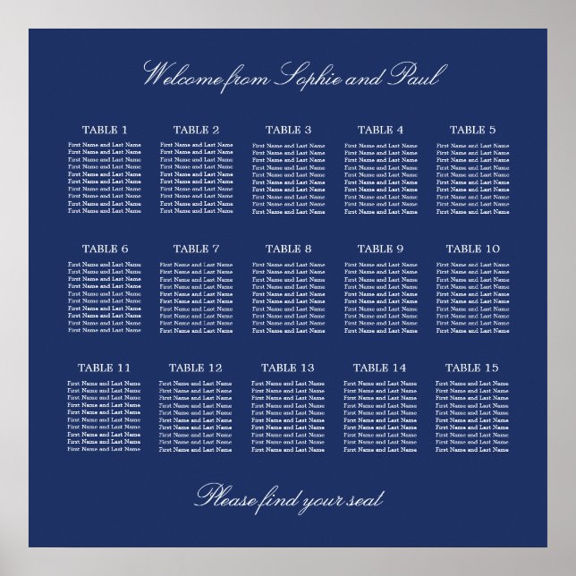 Navy Blue 15 Table Wedding Seating Chart Poster (Front)