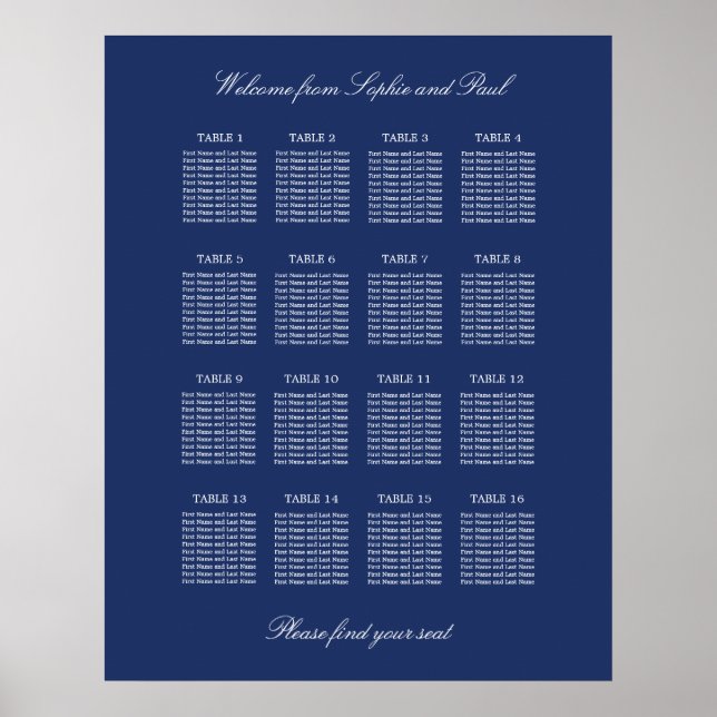 Navy Blue 16 Table Wedding Seating Chart Poster (Front)