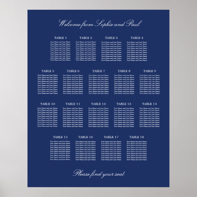 Navy Blue 18 Table Wedding Seating Chart Poster (Front)