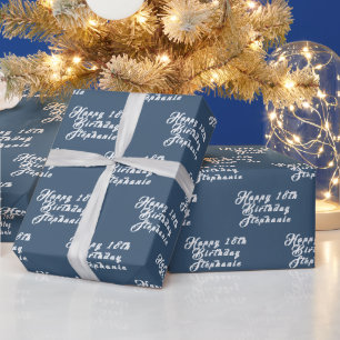 Navy Blue 18th Birthday Party Name Modern Pattern Wrapping Paper