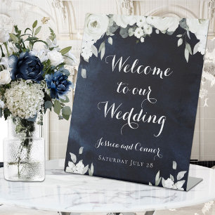 Navy Blue 1 White Peony Welcome To Our Wedding Pedestal Sign