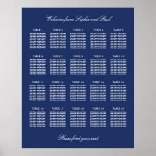 Navy Blue 20 Table Wedding Seating Chart Poster