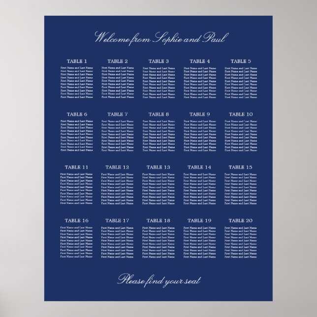 Navy Blue 20 Table Wedding Seating Chart Poster (Front)