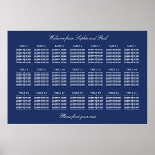Navy Blue 21 Table Wedding Seating Chart Poster