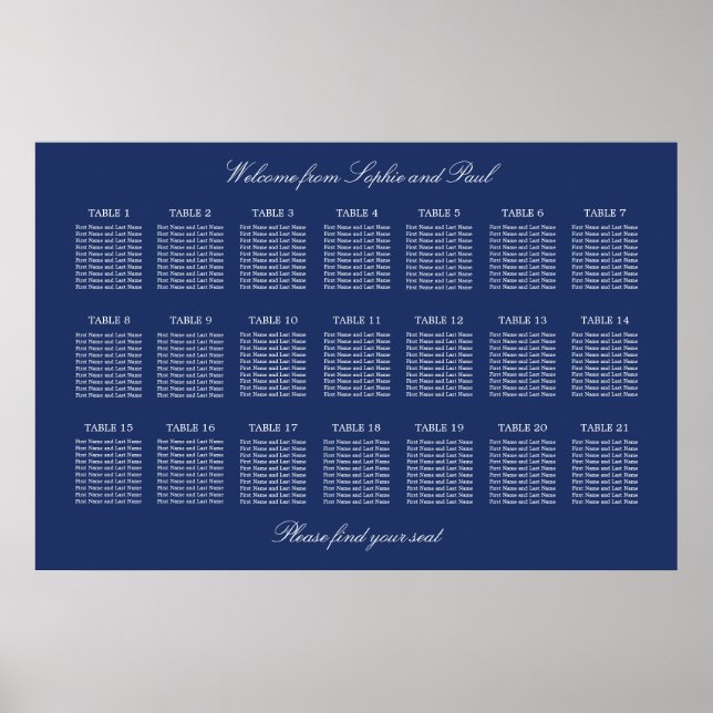 Navy Blue 21 Table Wedding Seating Chart Poster (Front)