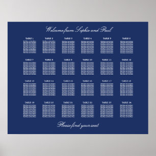 Navy Blue 24 Table Wedding Seating Chart Poster