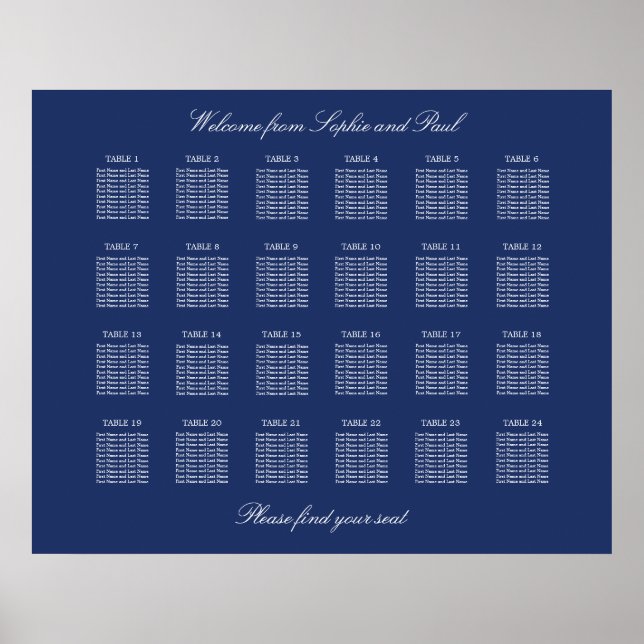 Navy Blue 24 Table Wedding Seating Chart Poster (Front)