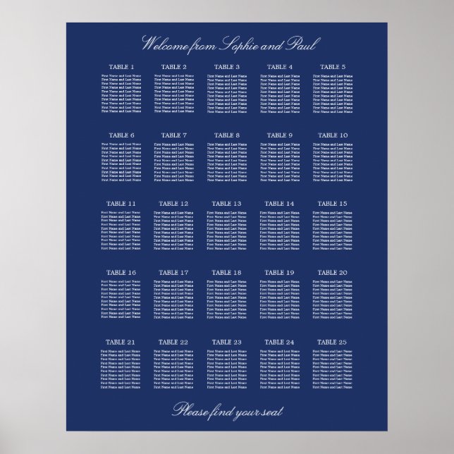 Navy Blue 25 Table Wedding Seating Chart Poster (Front)