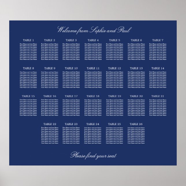Navy Blue 26 Table Wedding Seating Chart Poster (Front)