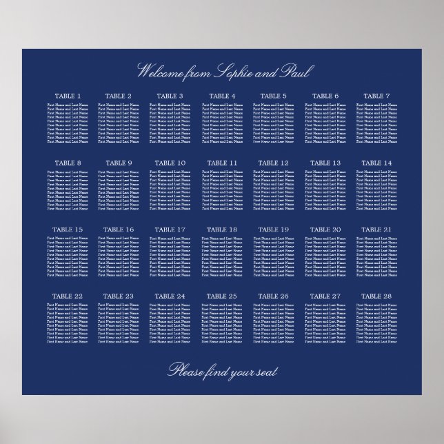 Navy Blue 28 Table Wedding Seating Chart Poster (Front)