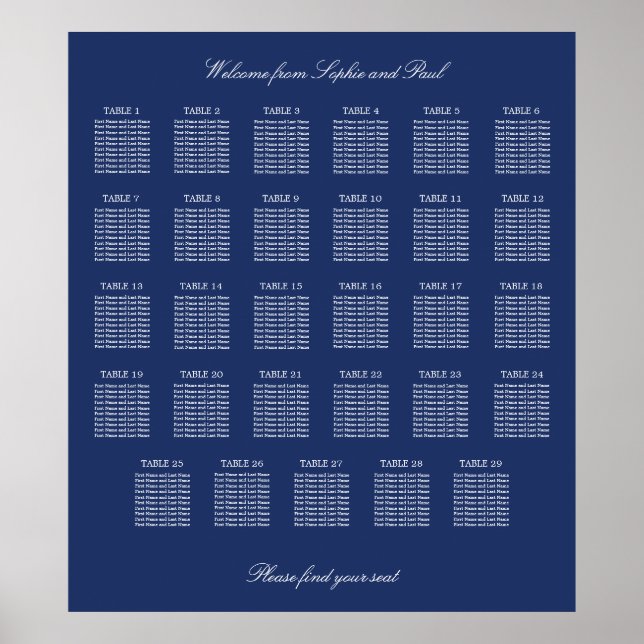 Navy Blue 29 Table Wedding Seating Chart Poster (Front)