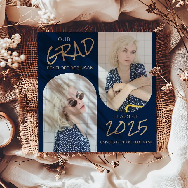 Navy Blue 2 Arched Photo Graduation Announcement (Creator Uploaded)