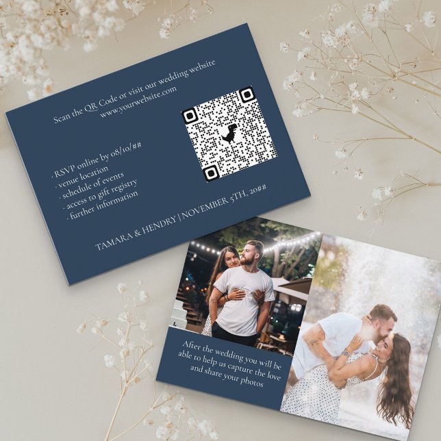 Navy Blue 2 Photo Online RSVP QR Code Wedding Enclosure Card (Creator Uploaded)
