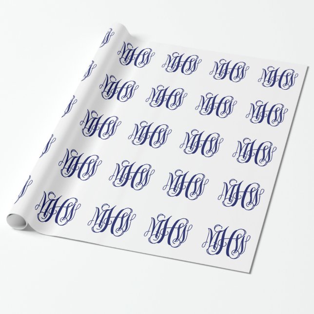 Navy Blue 3 Initials Vine Script Monogram DIY BG Wrapping Paper (Unrolled)