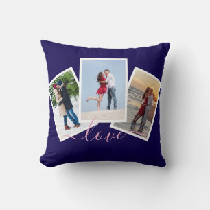 Navy Blue 3 Photo Collage Love Pink Script Cushion