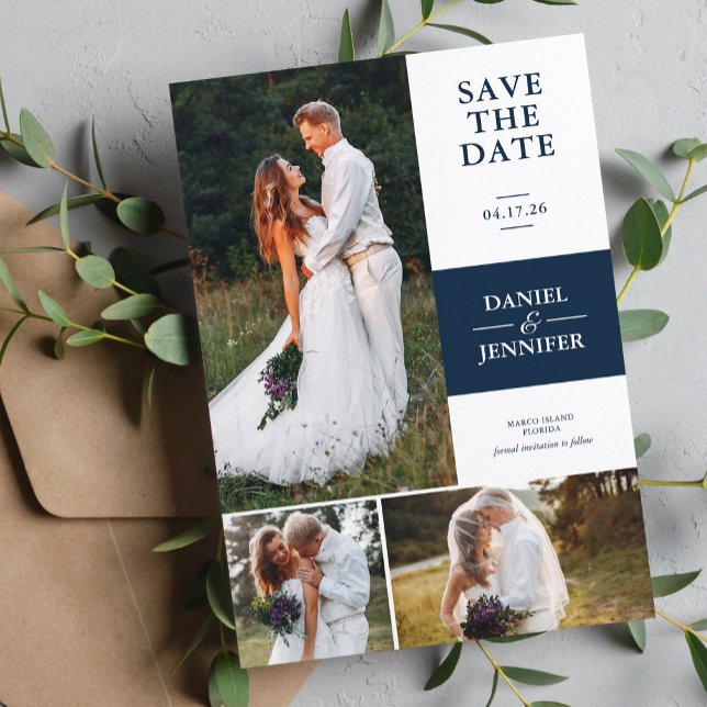 Navy Blue 3-Photo Gallery Wedding Save The Date (Creator Uploaded)