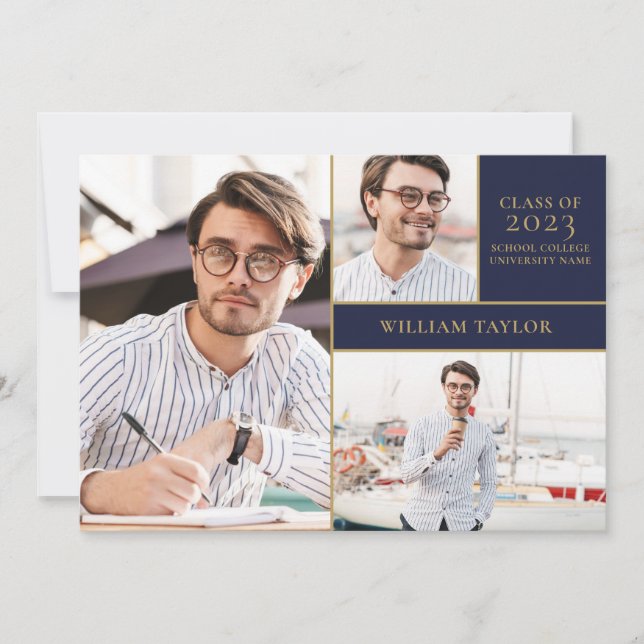 Navy Blue 3 Photo Gold Graduation Party Invitation (Front)