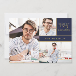 Navy Blue 3 Photo Gold Graduation Party Invitation
