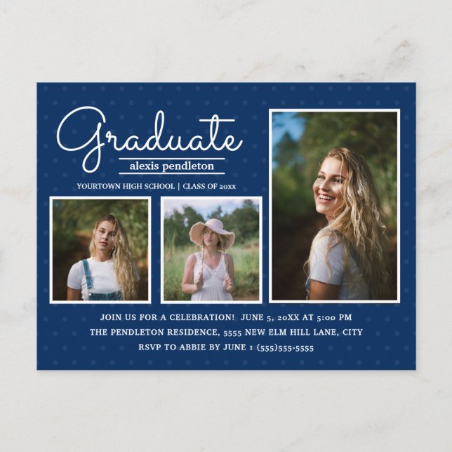 Navy Blue 3-Photo Graduation Party Postcard (Front)