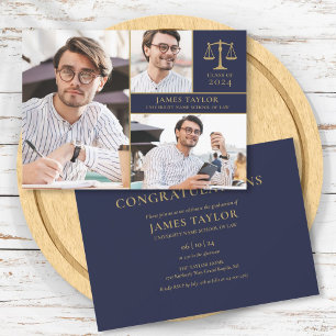 Navy Blue 3 Photo Law School Graduation Party Invitation