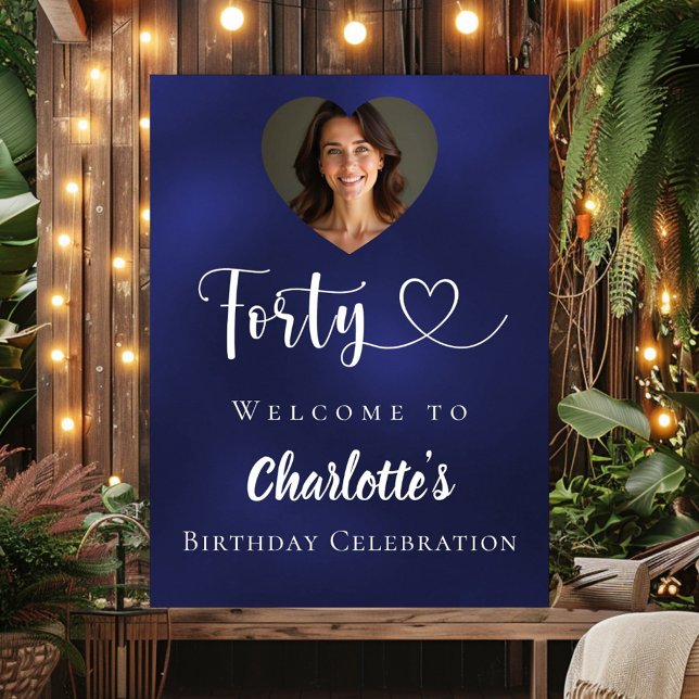 Navy blue 40th birthday party photo heart welcome poster (Creator Uploaded)
