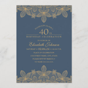 Navy Blue 40th Birthday Party Unique Golden Lace Invitation